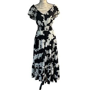 Rachel Zoe Black & White Smocked Maxi Dress small Cottagecore whimsy euro summer